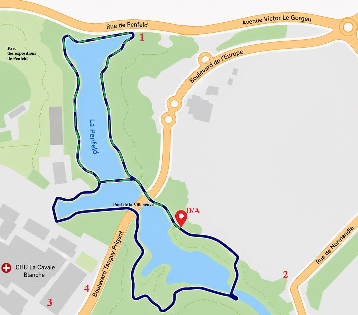 Plan du parcours des Globules du Bout du Monde 2026 : boucles de 1,5 km et 3,5 km autour des rives de la Penfeld, départ et arrivée (D/A) au niveau du Pont de la Villeneuve